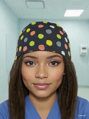 Handmade Polka Dotted Black Print Scrub Cap/ Nurse Hat